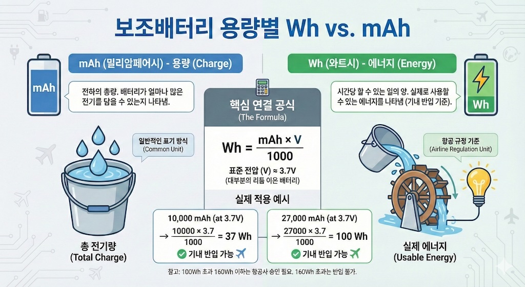 보조 배터리 용량별 Wh vs. mAh